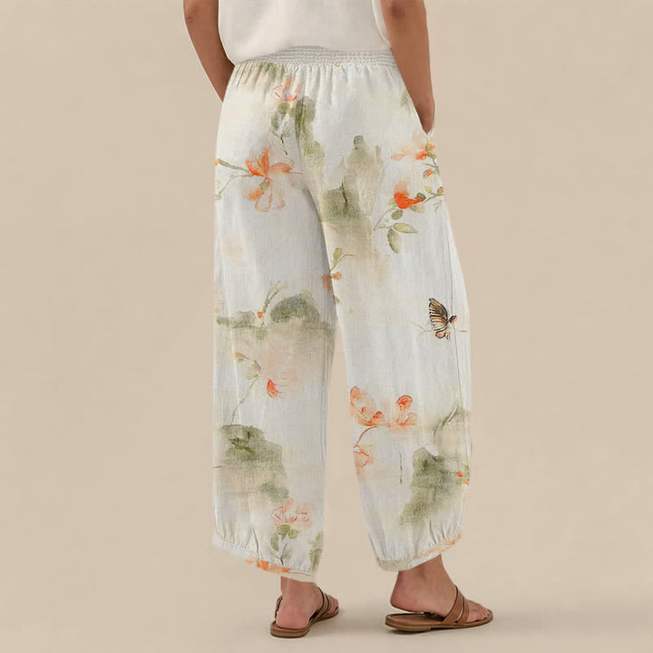 Buddha Stones Cotton Watercolor Floral Butterfly Pattern Pleated Elastic Waist Women's Harem Pants With Pockets - image 2
