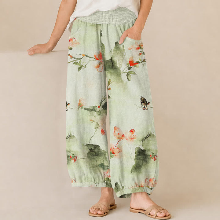 Buddha Stones Cotton Watercolor Floral Butterfly Pattern Pleated Elastic Waist Women's Harem Pants With Pockets - Honeydew - US16，UK/AU20，EU48 (3XL) - image 10