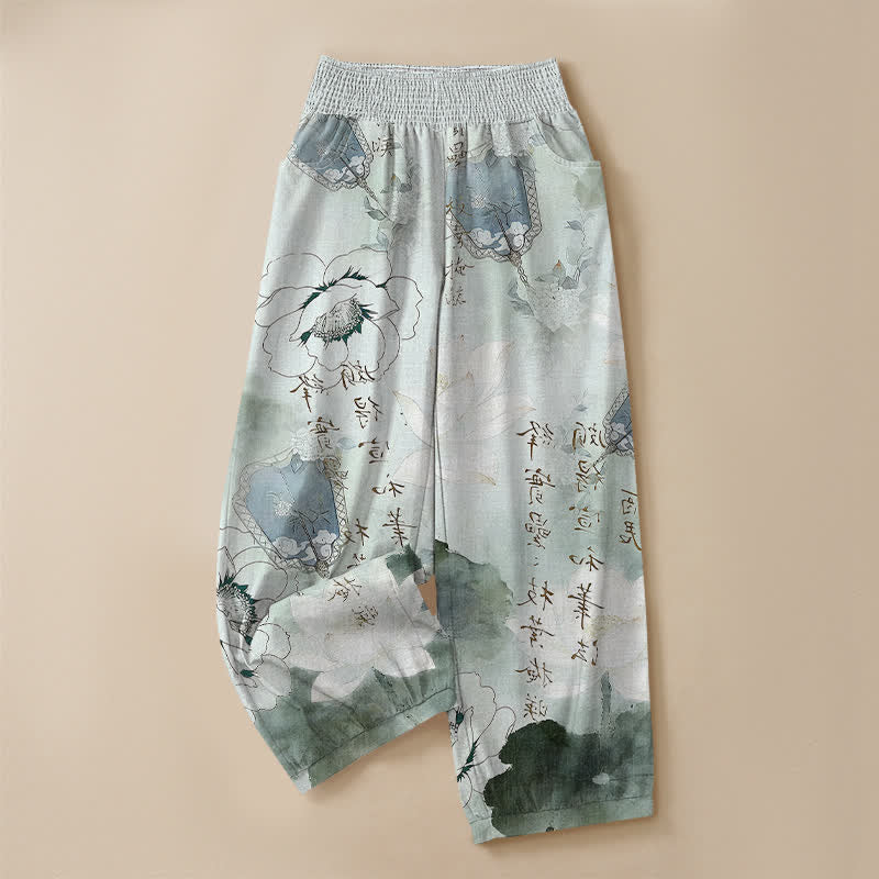 Buddha Stones Cotton Watercolor Floral Calligraphy Pattern Pleated Elastic Waist Women's Harem Pants With Pockets - image 3