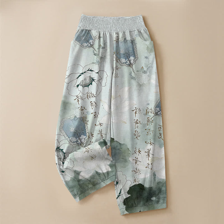Buddha Stones Cotton Watercolor Floral Calligraphy Pattern Pleated Elastic Waist Women's Harem Pants With Pockets - image 3