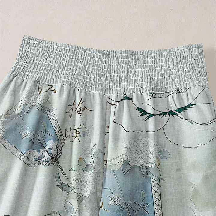Buddha Stones Cotton Watercolor Floral Calligraphy Pattern Pleated Elastic Waist Women's Harem Pants With Pockets - image 4