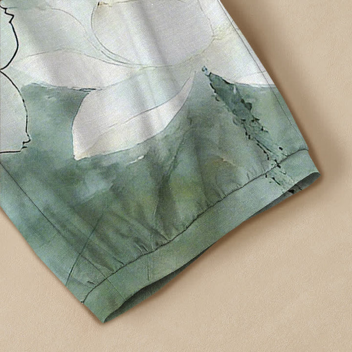 Buddha Stones Cotton Watercolor Floral Calligraphy Pattern Pleated Elastic Waist Women's Harem Pants With Pockets - image 5