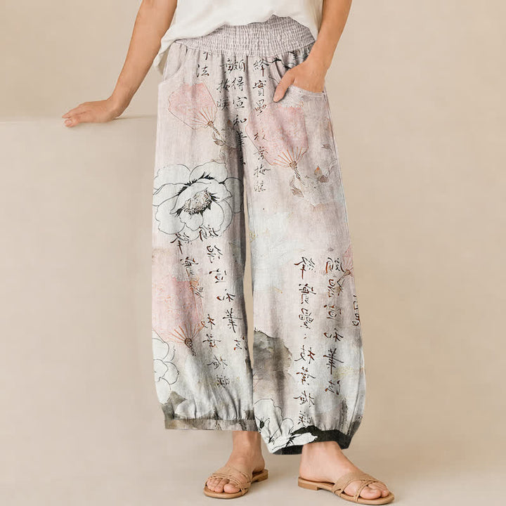 Buddha Stones Cotton Watercolor Floral Calligraphy Pattern Pleated Elastic Waist Women's Harem Pants With Pockets - MistyRose - US16，UK/AU20，EU48 (3XL) - image 6
