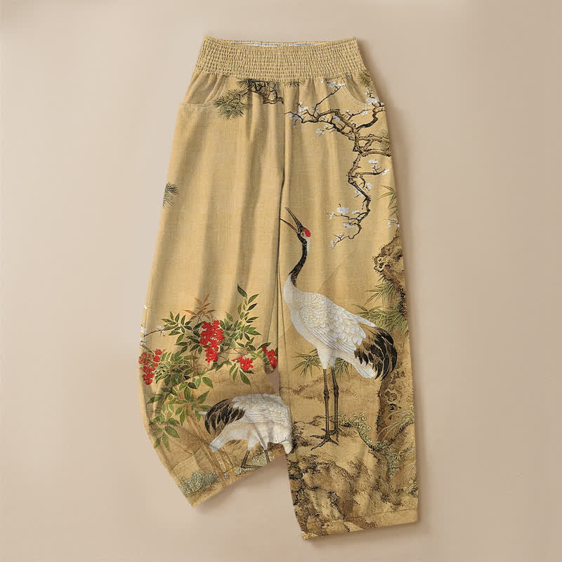 Buddha Stones Cotton Oriental White Crane Red Blossom Pattern Pleated Elastic Waist Women's Harem Pants With Pockets - image 3
