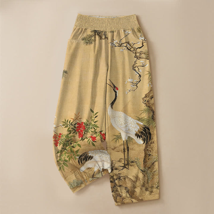 Buddha Stones Cotton Oriental White Crane Red Blossom Pattern Pleated Elastic Waist Women's Harem Pants With Pockets - image 3