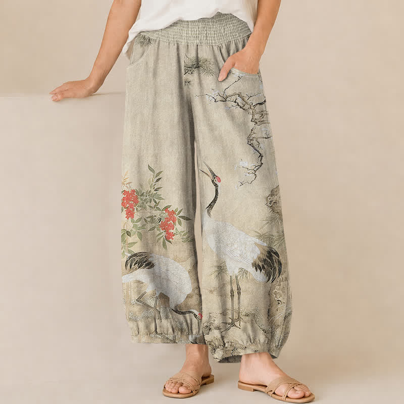 Buddha Stones Cotton Oriental White Crane Red Blossom Pattern Pleated Elastic Waist Women's Harem Pants With Pockets - Beige - US16，UK/AU20，EU48 (3XL) - image 6