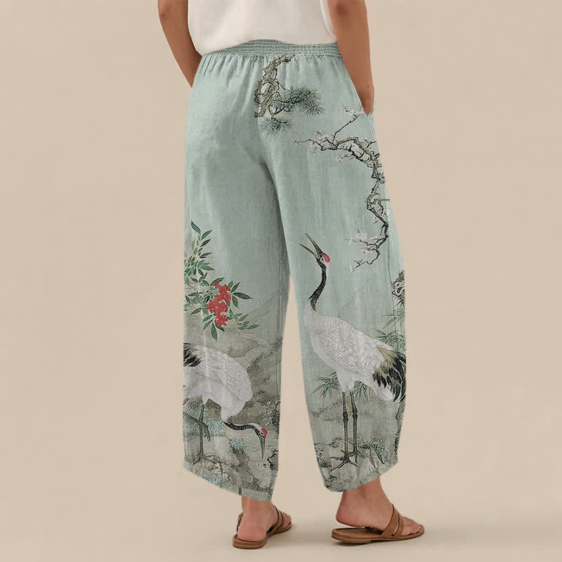Buddha Stones Cotton Oriental White Crane Red Blossom Pattern Pleated Elastic Waist Women's Harem Pants With Pockets - image 12