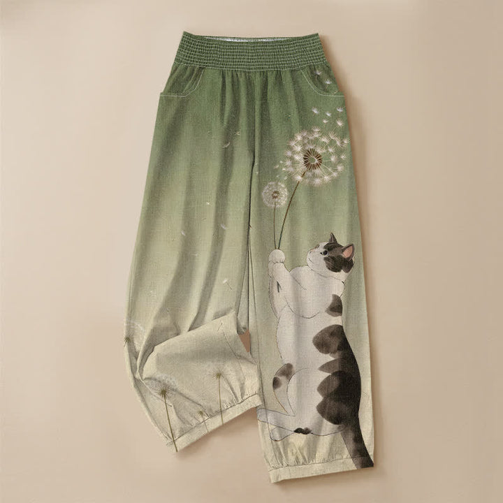 Buddha Stones Cotton Playful Cat Dandelion Pattern Pleated Elastic Waist Women's Harem Pants With Pockets - image 9