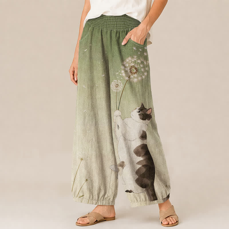 Buddha Stones Cotton Playful Cat Dandelion Pattern Pleated Elastic Waist Women's Harem Pants With Pockets - image 7