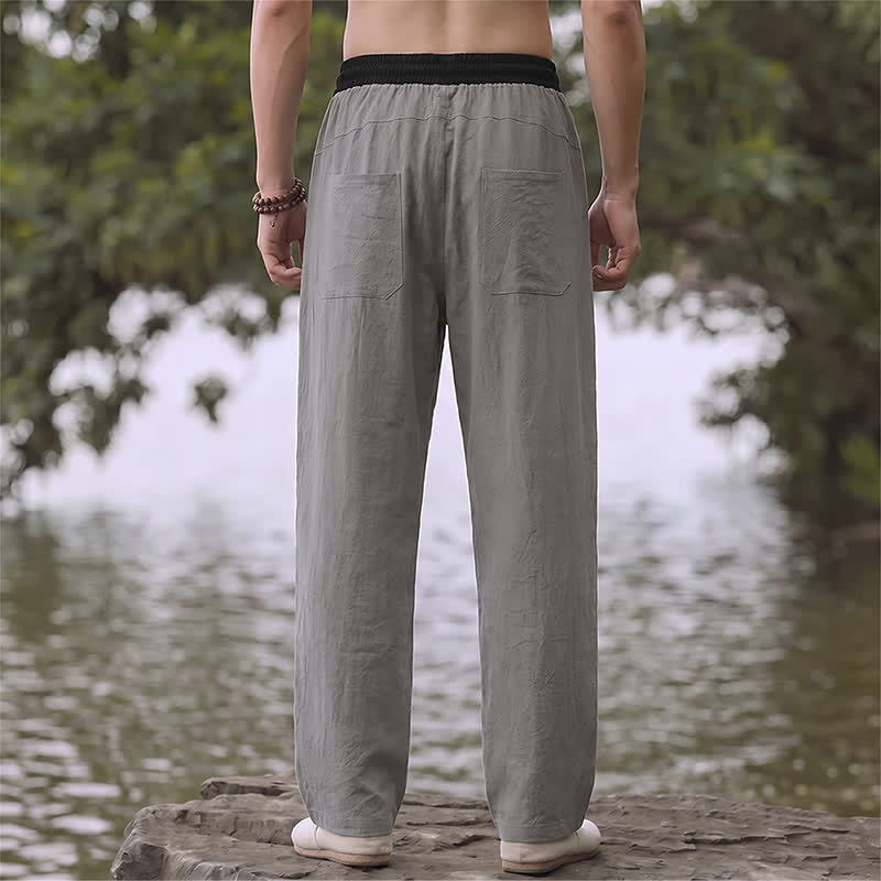 Buddha Stones Spring Summer Casual Color Block Drawstring Solid Cotton Linen Long Pants Men's Straight Leg Pants With Pockets - image 11