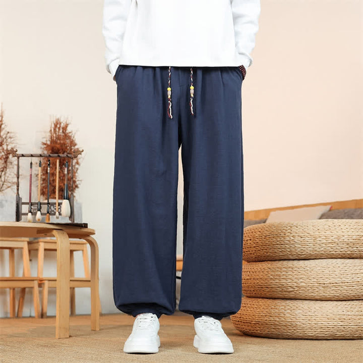 Buddha Stones Fall Casual Minimalist Drawstring Solid Cotton Ankle Pants Men's Straight Leg Pants With Pockets - Navy - US/UK/AU46，EU56 (5XL) - image 24