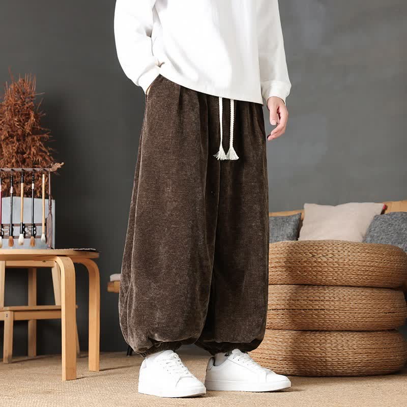 Buddha Stones Fall Winter Casual Vintage Drawstring Solid Ankle Pants Men's Straight Leg Pants With Pockets - SaddleBrown - US/UK/AU46，EU56 (5XL) - image 0