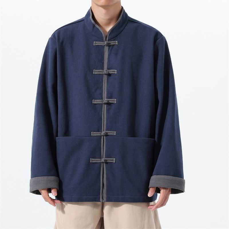Buddha Stones Fall Winter Tang Style Vintage Frog Button Solid Cotton Men's Jacket With Pockets - Navy - US/UK/AU46，EU56 (5XL) - image 0