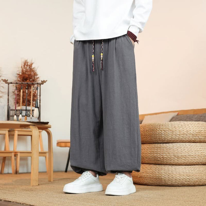 Buddha Stones Fall Casual Minimalist Drawstring Solid Cotton Ankle Pants Men's Straight Leg Pants With Pockets - image 7