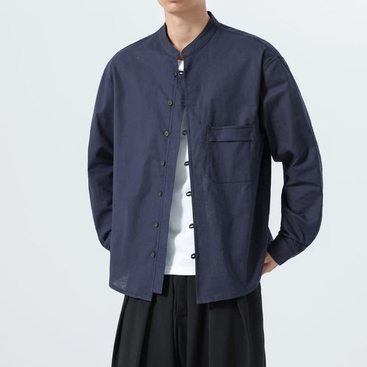 Buddha Stones Fall Casual Tang Style Mandarin Collar Solid Cotton Men's Long Sleeve Shirts - image 5