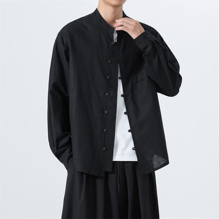 Buddha Stones Fall Casual Tang Style Mandarin Collar Solid Cotton Men's Long Sleeve Shirts - image 14
