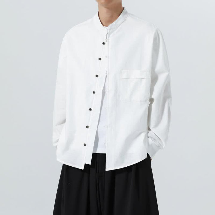 Buddha Stones Fall Casual Tang Style Mandarin Collar Solid Cotton Men's Long Sleeve Shirts - image 41