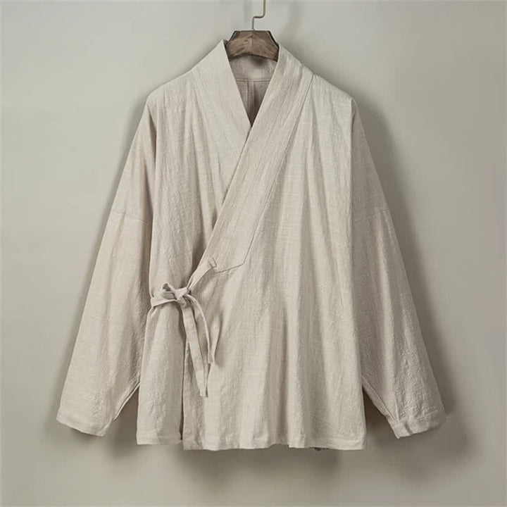 Buddha Stones Fall Winter Tang Style Minimalist Drawstring Solid Cotton Men's Kimono With Pockets - image 19