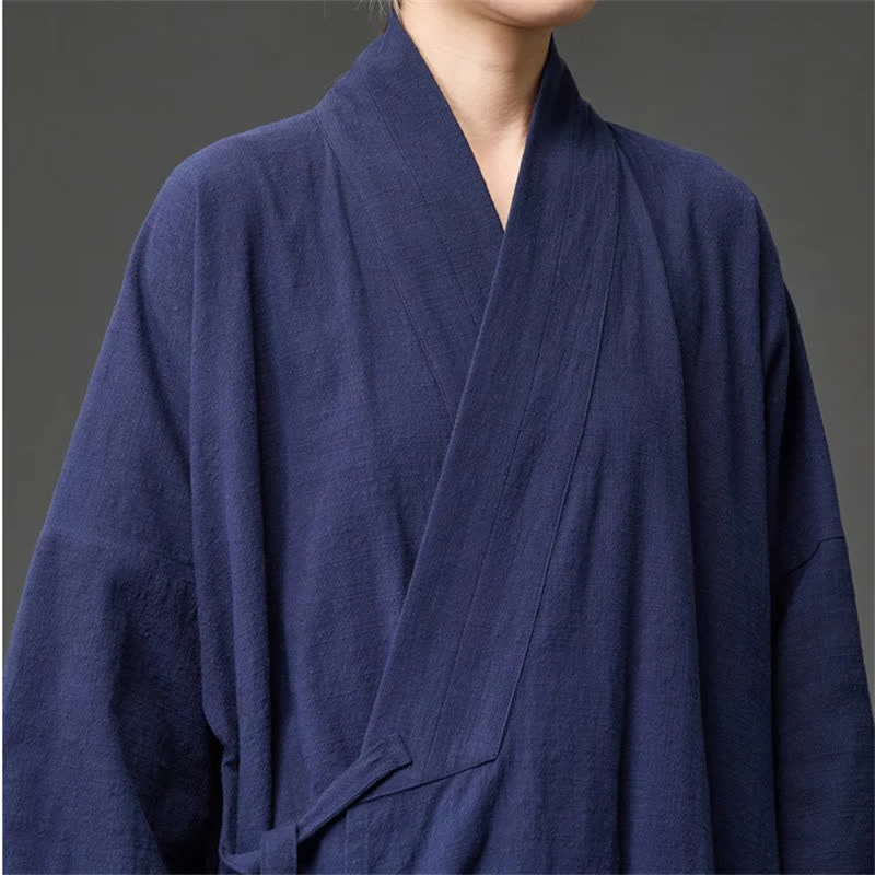 Buddha Stones Fall Winter Tang Style Minimalist Drawstring Solid Cotton Men's Kimono With Pockets - image 9