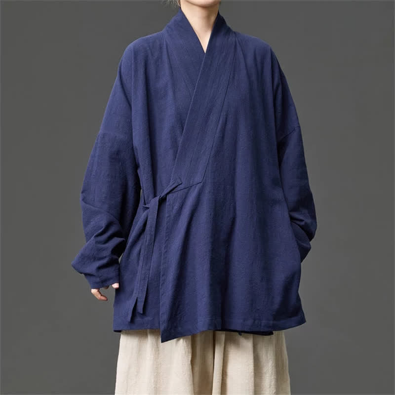Buddha Stones Fall Winter Tang Style Minimalist Drawstring Solid Cotton Men's Kimono With Pockets - image 7