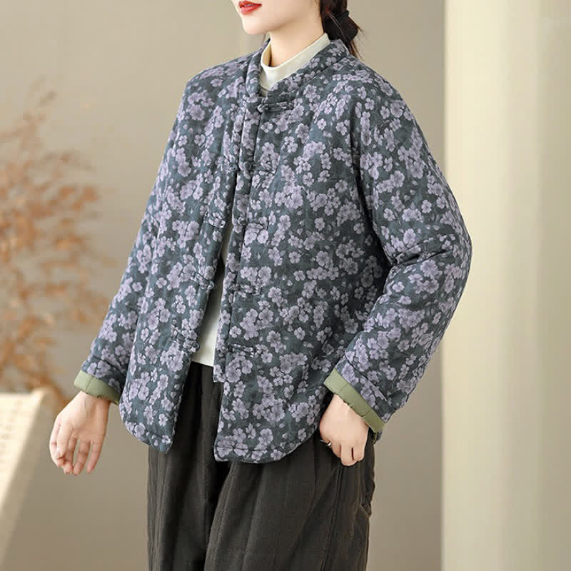 Buddha Stones Winter Vintage Tang Style Frog Button Floral Print Women's Jacket - image 3