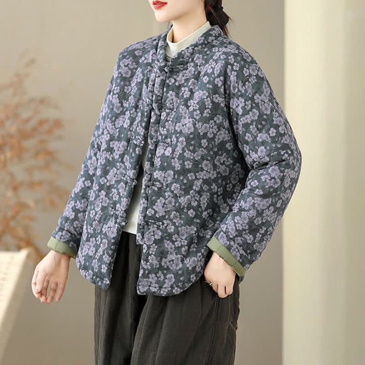 Buddha Stones Winter Vintage Tang Style Frog Button Floral Print Women's Jacket - image 3