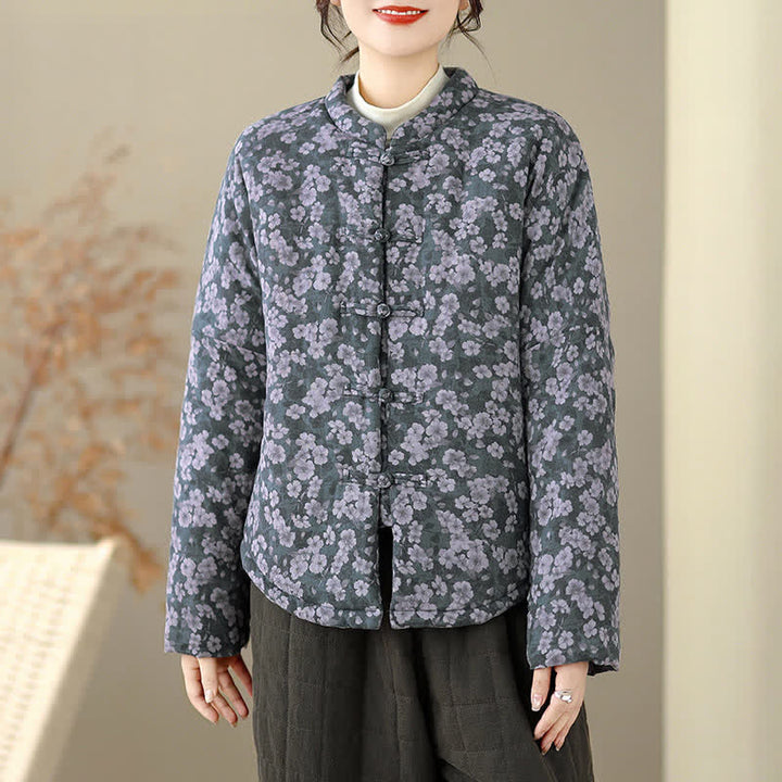 Buddha Stones Winter Vintage Tang Style Frog Button Floral Print Women's Jacket - image 6