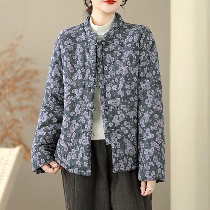 Buddha Stones Winter Vintage Tang Style Frog Button Floral Print Women's Jacket - DimGray - US8-10，UK/AU12-14，EU40-42 (2XL) - image 0