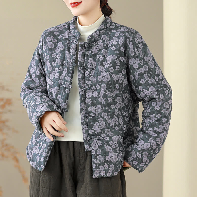 Buddha Stones Winter Vintage Tang Style Frog Button Floral Print Women's Jacket - image 5