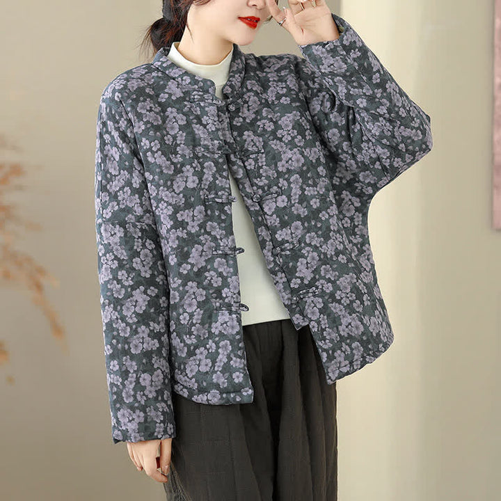 Buddha Stones Winter Vintage Tang Style Frog Button Floral Print Women's Jacket - image 2