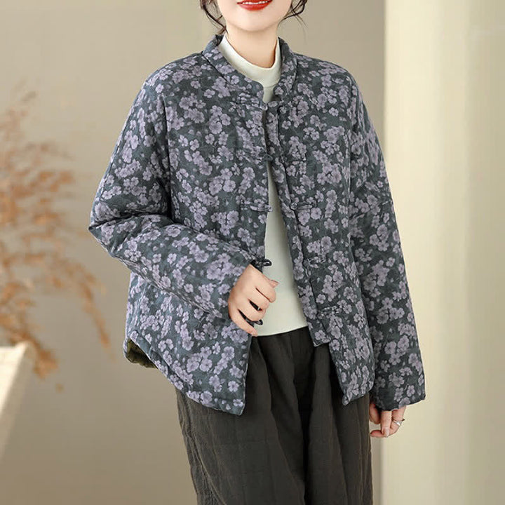 Buddha Stones Winter Vintage Tang Style Frog Button Floral Print Women's Jacket - image 1