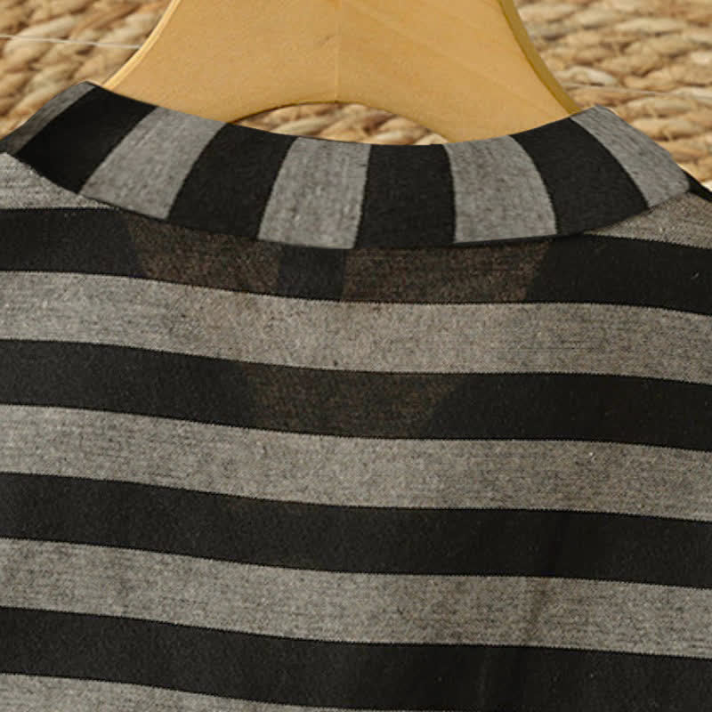 Buddha Stones Fall Casual Vintage Tang Style Mandarin Collar Drawstring Striped Women's Long Sleeve Dress With Pockets - image 3