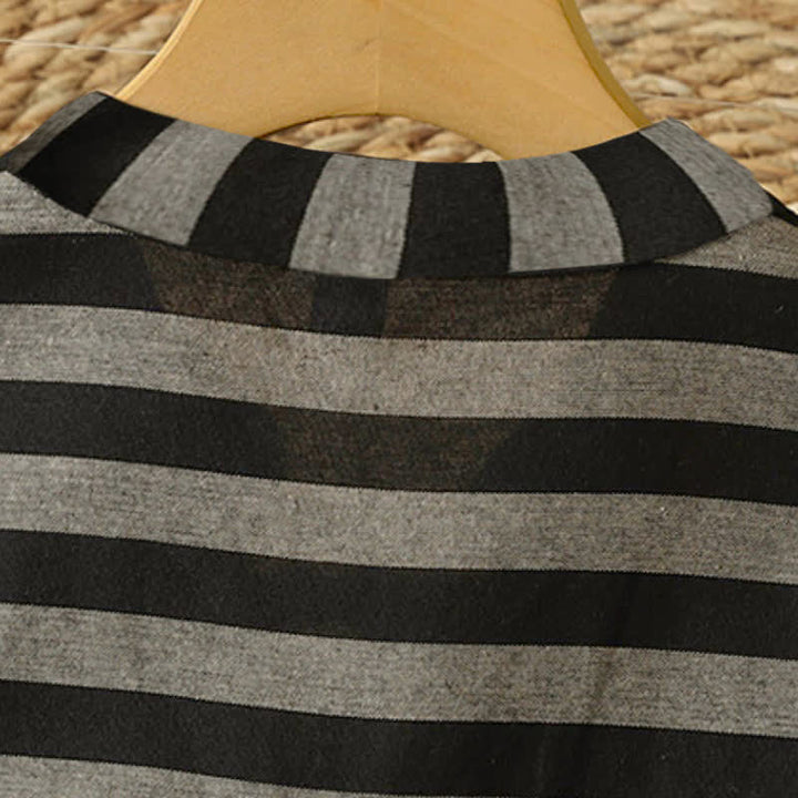 Buddha Stones Fall Casual Vintage Tang Style Mandarin Collar Drawstring Striped Women's Long Sleeve Dress With Pockets - image 3
