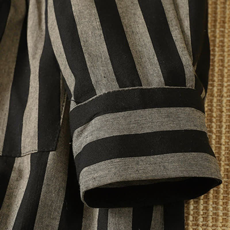 Buddha Stones Fall Casual Vintage Tang Style Mandarin Collar Drawstring Striped Women's Long Sleeve Dress With Pockets - image 5