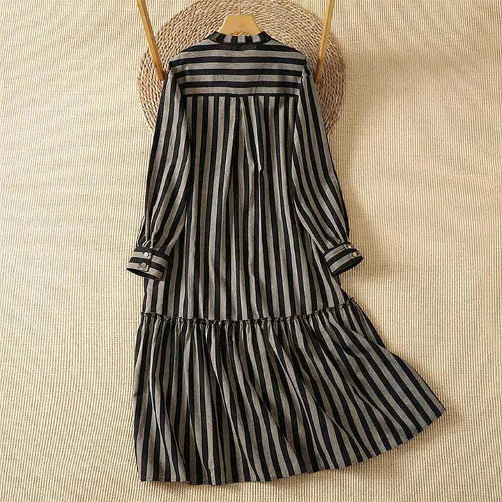 Buddha Stones Fall Casual Vintage Tang Style Mandarin Collar Drawstring Striped Women's Long Sleeve Dress With Pockets - image 1