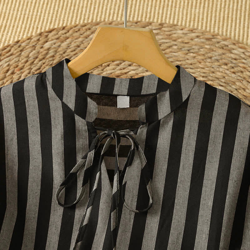 Buddha Stones Fall Casual Vintage Tang Style Mandarin Collar Drawstring Striped Women's Long Sleeve Dress With Pockets - image 2