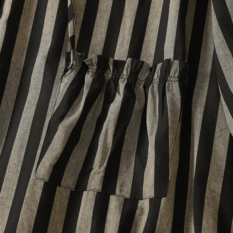 Buddha Stones Fall Casual Vintage Tang Style Mandarin Collar Drawstring Striped Women's Long Sleeve Dress With Pockets - image 4