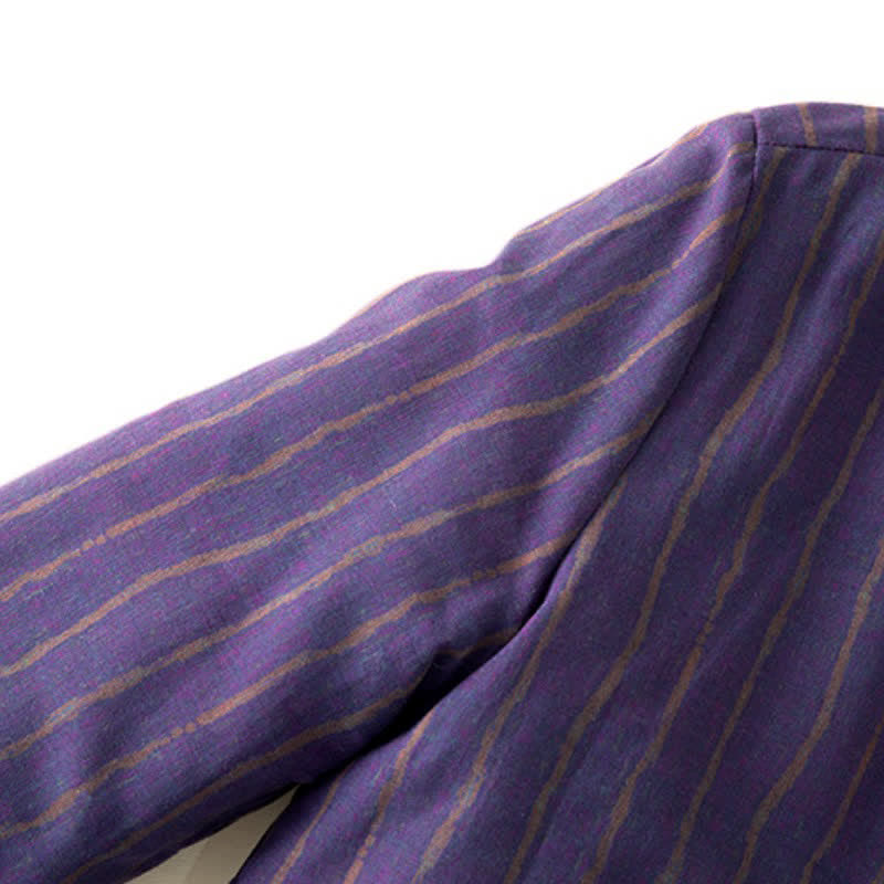 Buddha Stones Winter Casual Tang Style Frog Button Purple Striped Women's Jacket With Pockets - image 5