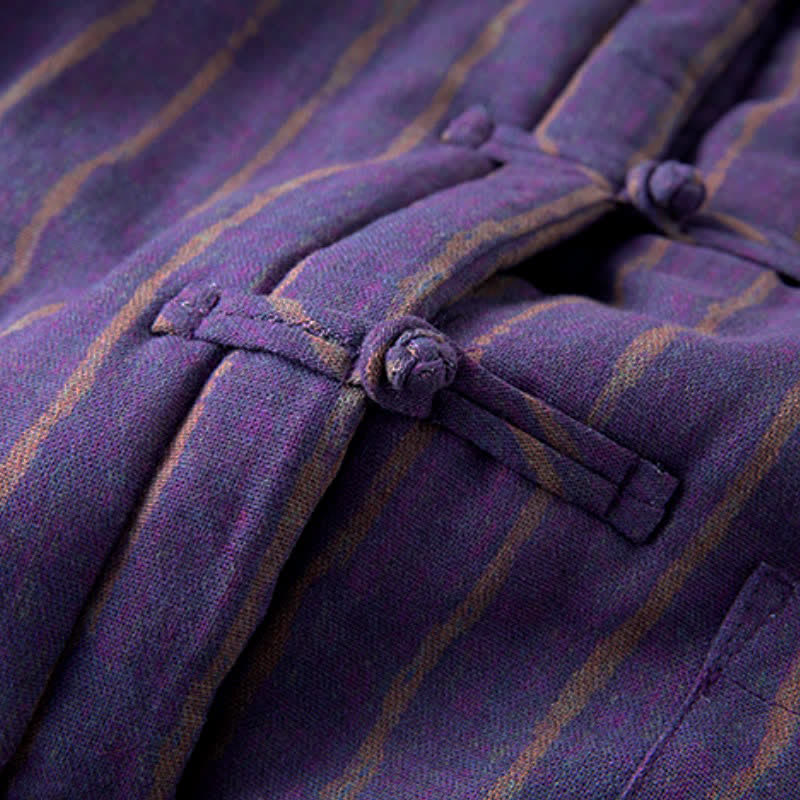 Buddha Stones Winter Casual Tang Style Frog Button Purple Striped Women's Jacket With Pockets - image 7