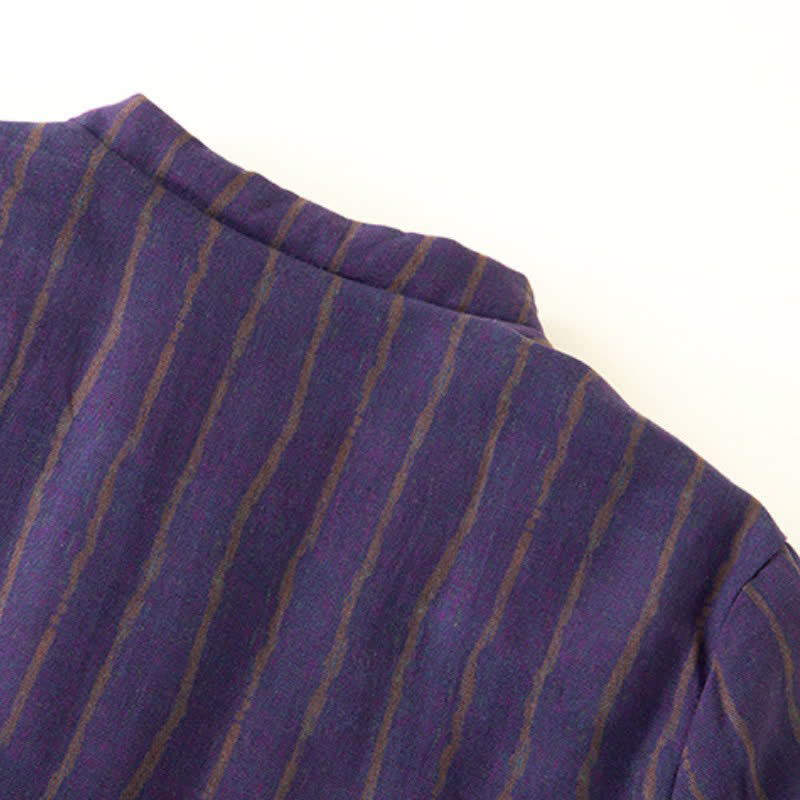 Buddha Stones Winter Casual Tang Style Frog Button Purple Striped Women's Jacket With Pockets - image 4