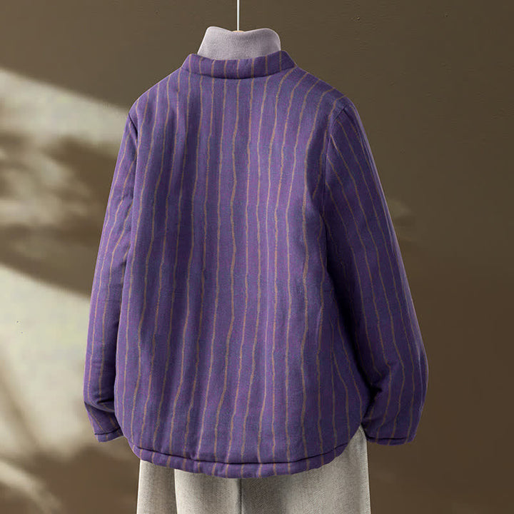 Buddha Stones Winter Casual Tang Style Frog Button Purple Striped Women's Jacket With Pockets - image 1