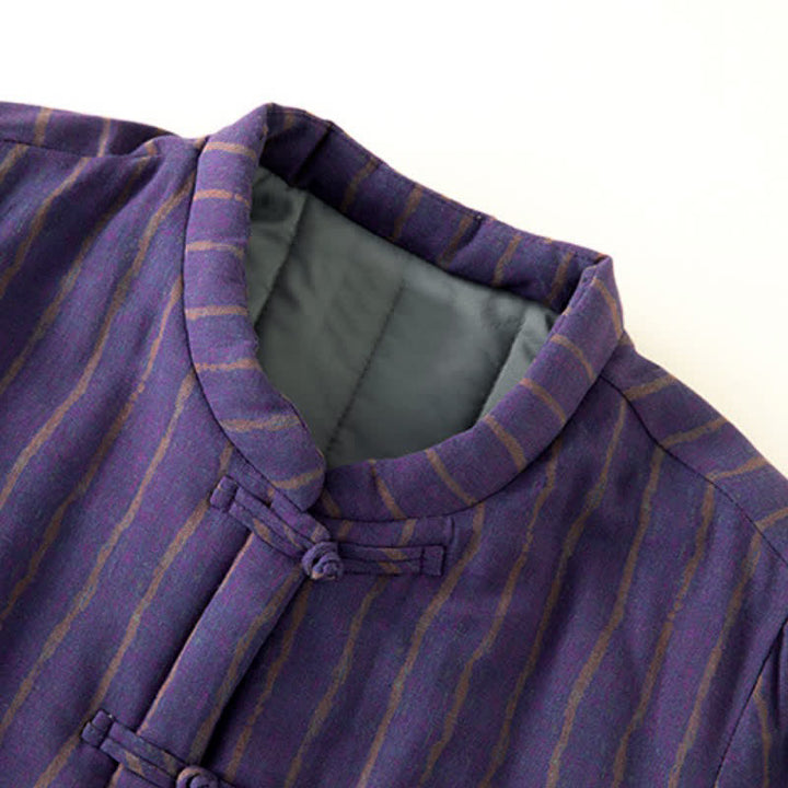 Buddha Stones Winter Casual Tang Style Frog Button Purple Striped Women's Jacket With Pockets - image 2