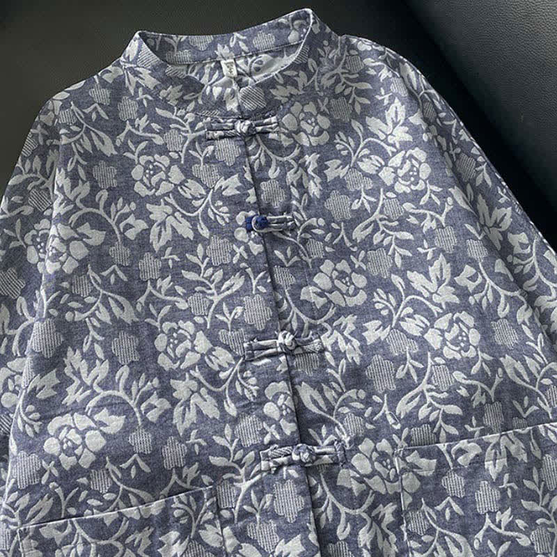 Buddha Stones Fall Tang Style Vintage Frog Button Floral Women's Long Sleeve Shirts With Pockets - image 2