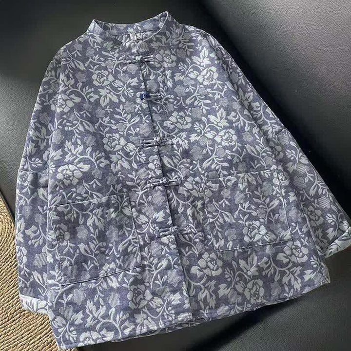 Buddha Stones Fall Tang Style Vintage Frog Button Floral Women's Long Sleeve Shirts With Pockets - SteelBlue - US8-10, UK/AU12-14, EU40-42 (2XL) - image 0