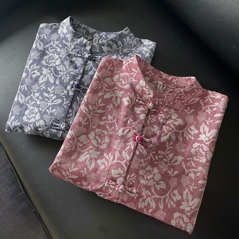 Buddha Stones Fall Tang Style Vintage Frog Button Floral Women's Long Sleeve Shirts With Pockets - image 17