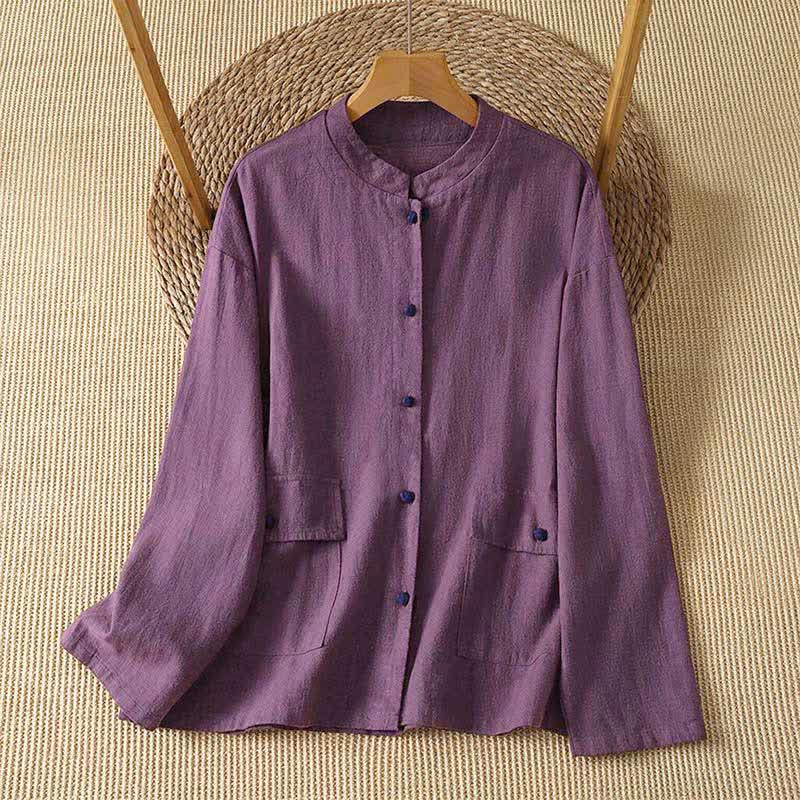 Buddha Stones Fall Casual Vintage Tang Style Button-Up Solid Women's Long Sleeve Shirts With Pockets - RebeccaPurple - US8-10, UK/AU12-14, EU40-42 (2XL) - image 10
