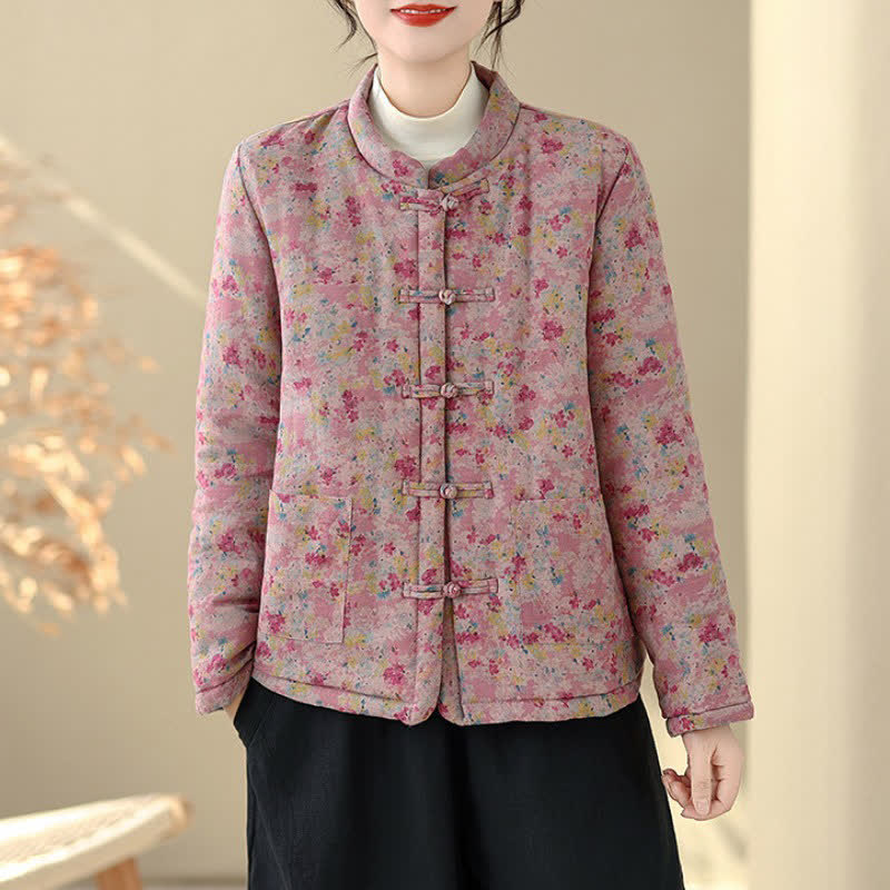 Buddha Stones Winter Vintage Tang Style Frog Button Pink Floral Women's Jacket With Pockets - image 7