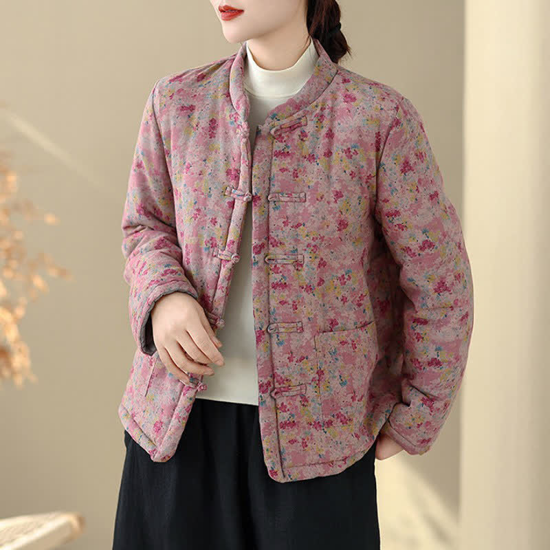 Buddha Stones Winter Vintage Tang Style Frog Button Pink Floral Women's Jacket With Pockets - image 10