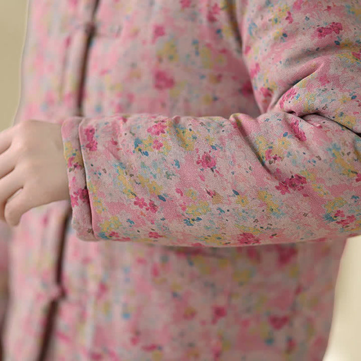 Buddha Stones Winter Vintage Tang Style Frog Button Pink Floral Women's Jacket With Pockets - image 14