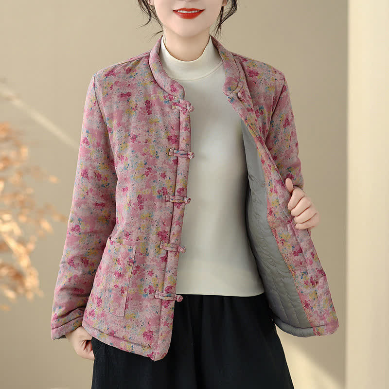 Buddha Stones Winter Vintage Tang Style Frog Button Pink Floral Women's Jacket With Pockets - image 2